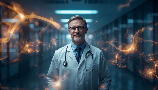 Senior doctor standing in hospital corridor wearing coat and stethoscope with digital light