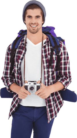 Smiling Traveler on Adventure Holding Camera Transparent Background - Download Free Stock Videos Pikwizard.com