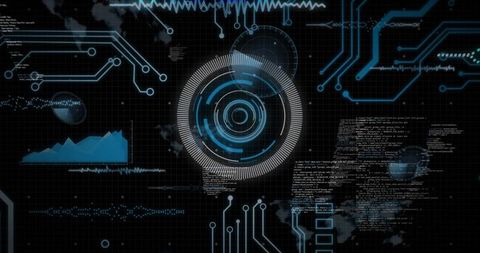 Displaying futuristic HUD with rotating rings, circuit traces, code overlay and analytics