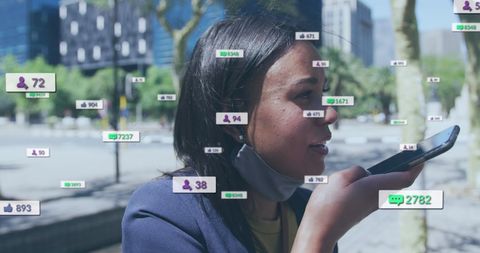 Biracial Woman Engaging with Smartphone in Social Media Matrix