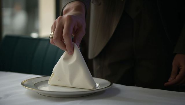 Placing folded white napkin on gold-rim china plate by suited hand with gold ring