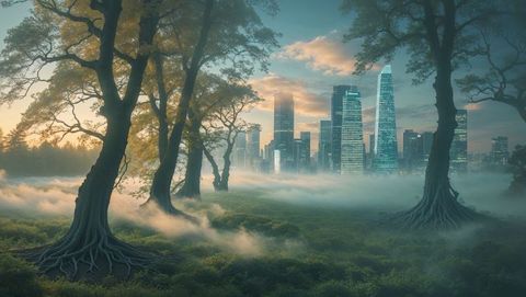 Futuristic skyline merging with ancient mystical forest