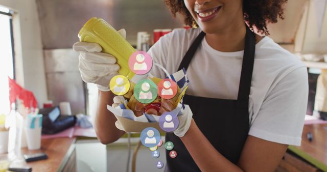 Smiling Food Truck Vendor Preparing Order with Social Media Icons - Download Free Stock Images Pikwizard.com