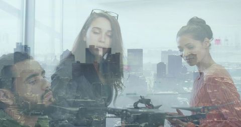 Collaborating on Drone Prototype Over Urban Skyline Double Exposure Office Team