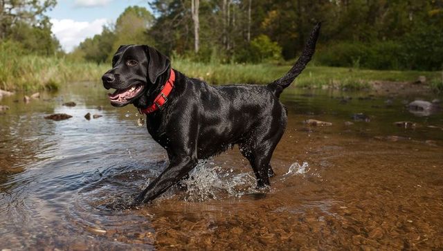 Excited black labrador playing in clear creek waters