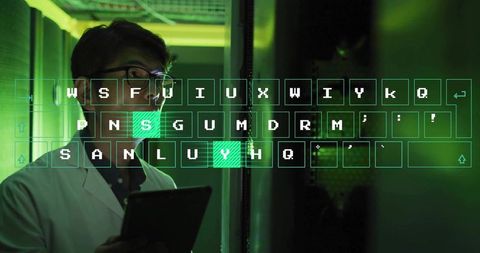 Lab technician operating tablet with holographic keyboard amid green datacenter racks