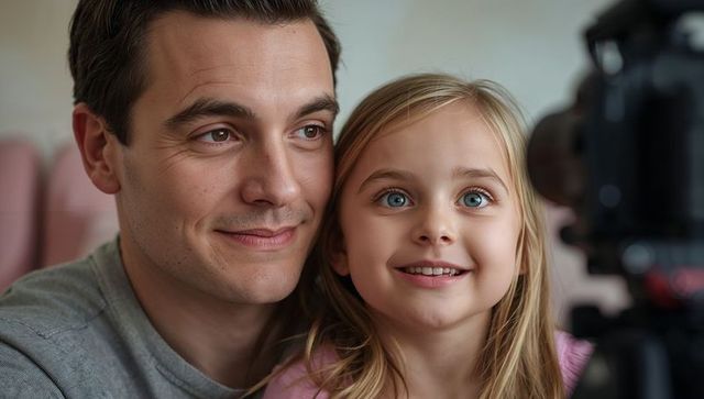 Smiling father and daughter recording video with DSLR at home, warm family connection