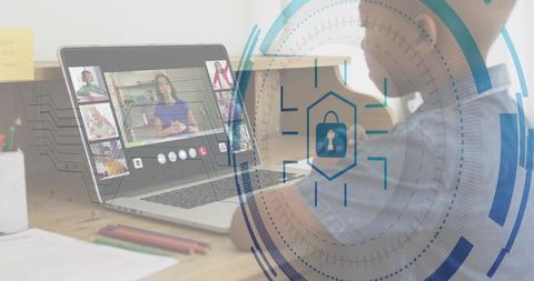 Child joining virtual classroom at home with digital lock overlay for online security