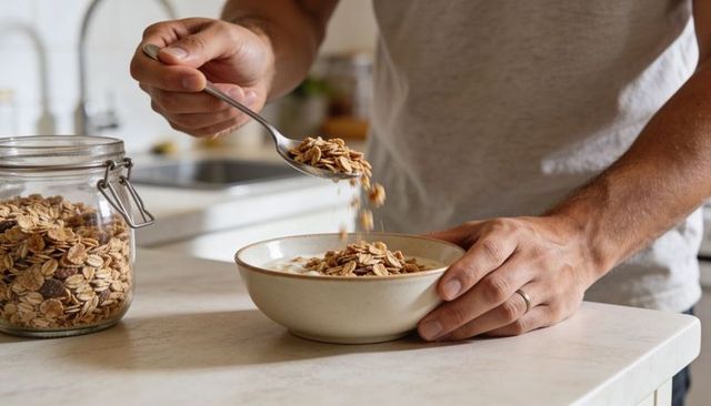 Sprinkling granola over yogurt in ceramic bowl with male hands on sunlit kitchen counter