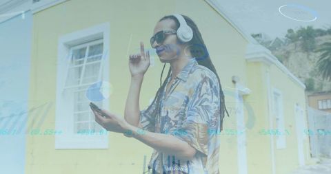 Modern Man Analyzing Smartphone with Data Overlays in Urban Setting