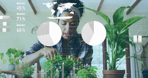 Woman Cultivating Indoor Plants in Bright Living Room with Data Overlay