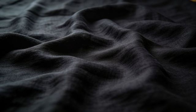 Moody dark linen fabric folding on bed revealing fine weave texture, soft low light