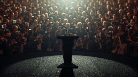 Spotlit podium with press release gathering for conference event