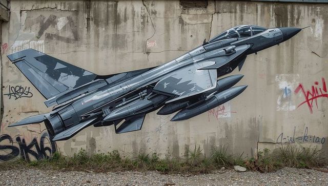 Fighter jet mural on urban street wall crafted with graffiti