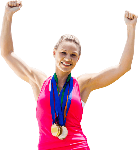 Victorious Sportswoman Celebrating with Medals Transparent Background