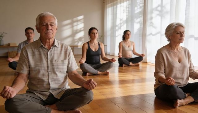 Sunlit mindfulness class with seniors and pregnant woman practicing seated meditation