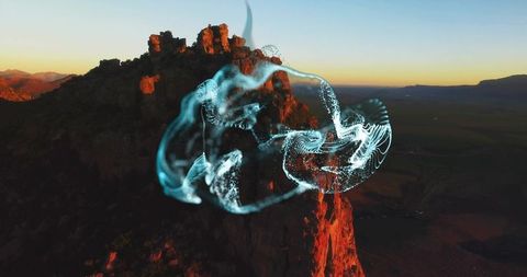 Bathing red rock cliff in golden sunset with futuristic blue data wave overlay