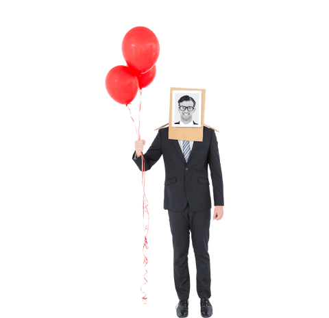 Businessman wearing photo frame with balloons transparent background