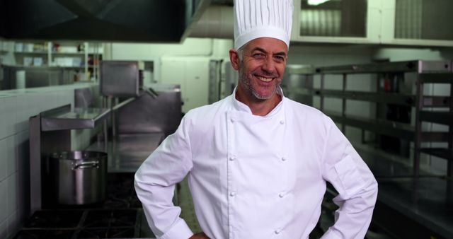 Smiling Chef in Professional Kitchen with Hands on Hips - Download Free Stock Images Pikwizard.com