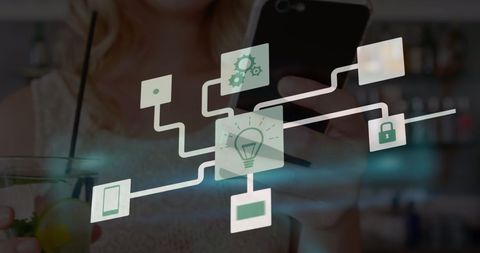 Woman Using Smartphone with Digital Network Interface