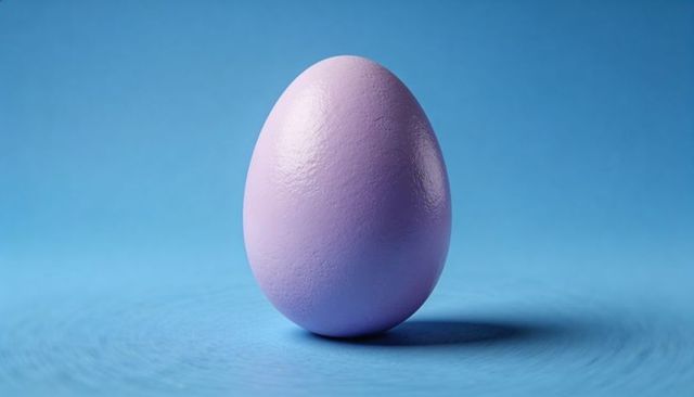 Pastel lavender egg standing on blue backdrop casting soft shadow