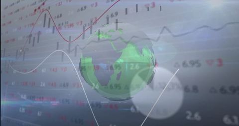 3d globe on trading dashboard with trend lines and candlestick bars