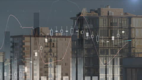 Financial Chart Data Over Urban Skyline at Sunset