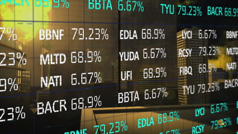 Digital Stock Market Data Overlaid on Modern Cityscape