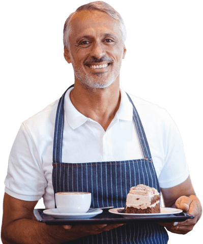 happy senior barista serving cake and coffee transparent background - Download Free Stock Videos Pikwizard.com