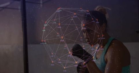 Female Boxer Training with Holographic Data Sphere AR Overlay in Industrial Gym