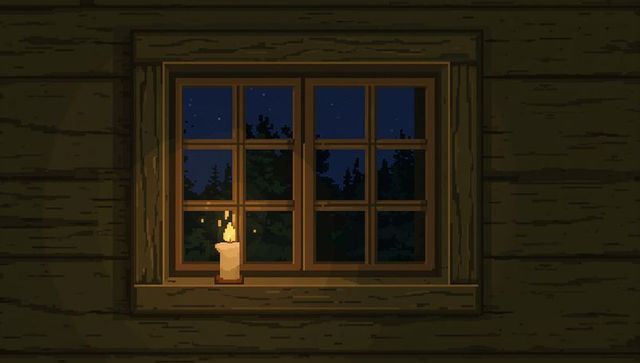Nocturnal cabin window with flickering candle on wooden sill and forest silhouette