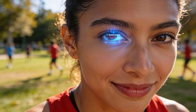 Young female athlete wearing ar smart coach holographic eye display during park training