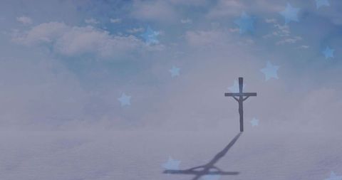 Solitary wooden crucifix standing in mist casting long shadow with soft blue star overlays