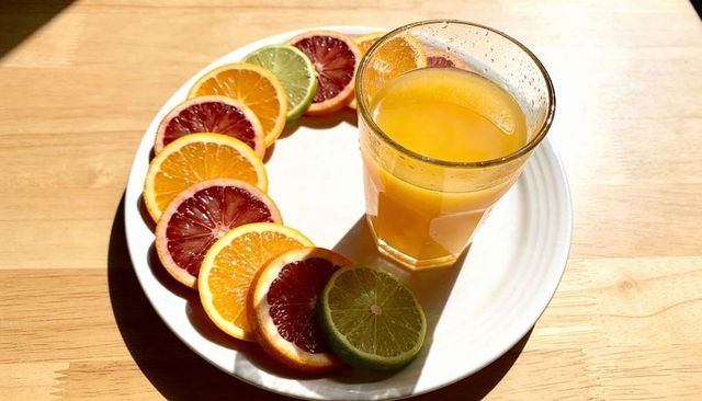 Sunlit glass of fresh orange juice sitting on white plate surrounded by colorful citrus slices