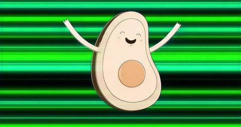 Cheerful avocado mascot celebrating with raised arms on neon green stripes