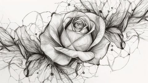 Intricate pencil-ink rose drawing with mesh tendrils
