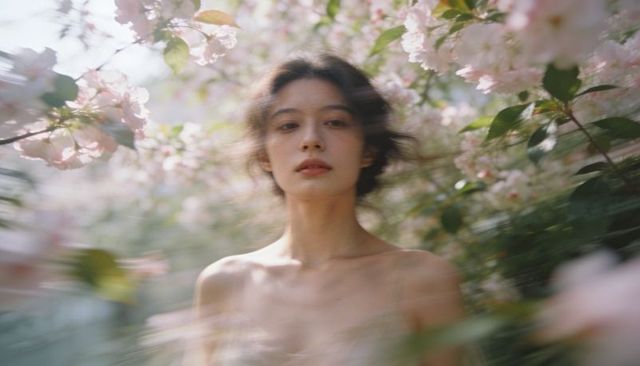 Dreamy asian woman amid blush blossoms bare-shouldered ethereal portrait soft pastel bokeh