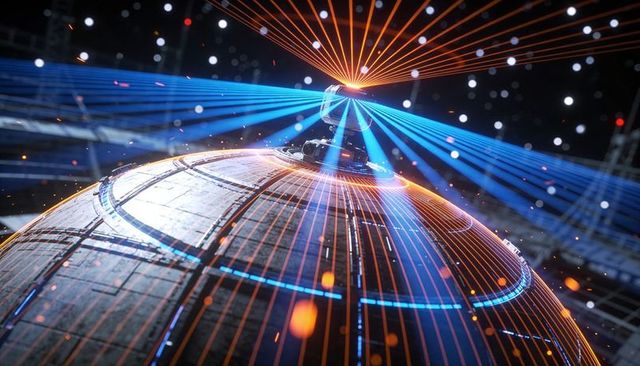 Futuristic spherical power core projecting blue and orange laser grid over metallic dome