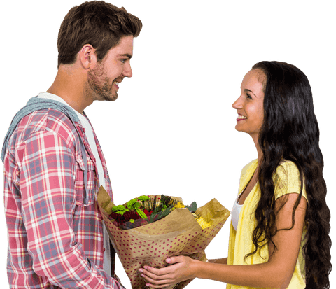 Transparent couple with bouquet smiling affectionately