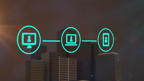 Digital Connectivity Animation Over Urban Skyline
