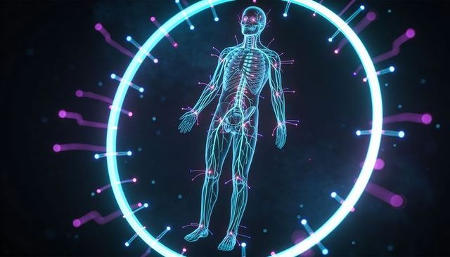 Floating holographic human anatomy with glowing skeletal and neural network ring interface