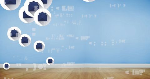 Digital communication icons with abstract symbols on wall