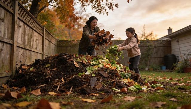 Mother and daughter composting in autumn backyard at dusk mixing leaves and food scraps