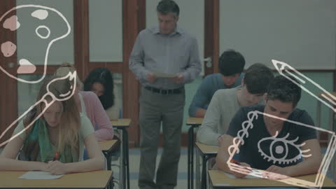 Students Taking Exam with Animated School Icons Overlay Digitally Generated