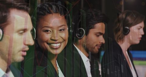 Diverse Call Center Team with Financial Graph Overlay in Office