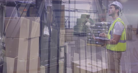 Warehouse Worker Analyzing Stock with Digital Data Overlay