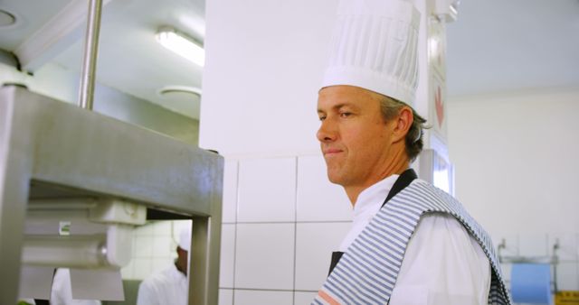 This image illustrates a professional chef working in a restaurant kitchen, displaying a motivated expression. Ideal for use in culinary or hospitality industry publications, cooking blogs, restaurant promotional materials, and educational resources about professional cooking and chef roles.