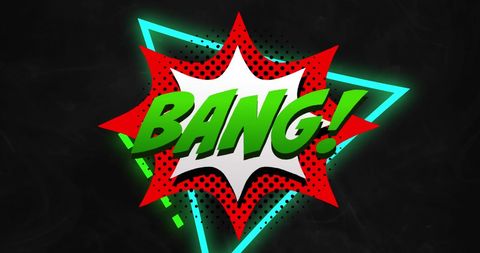 Comic Style Bang Text with Neon Triangles on Black Background