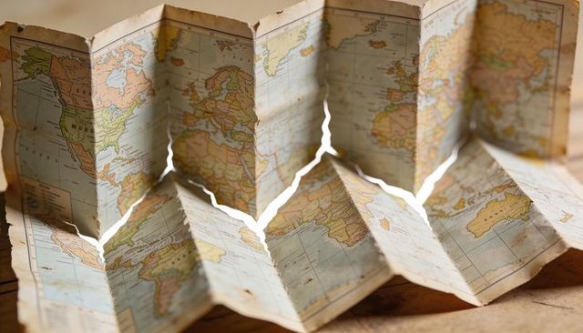 Vintage folded world map on wooden tabletop with creases, legend and antique parchment look