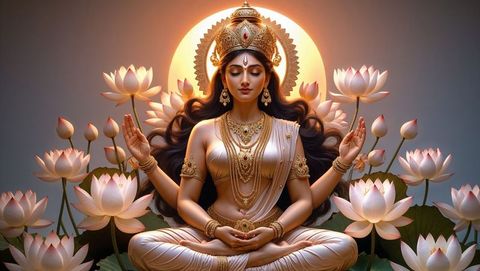 Divine Deity Meditating Amid Lotus Blooms in Sacred Glow